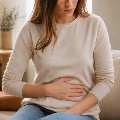 Pessoa com a mão na barriga inchada